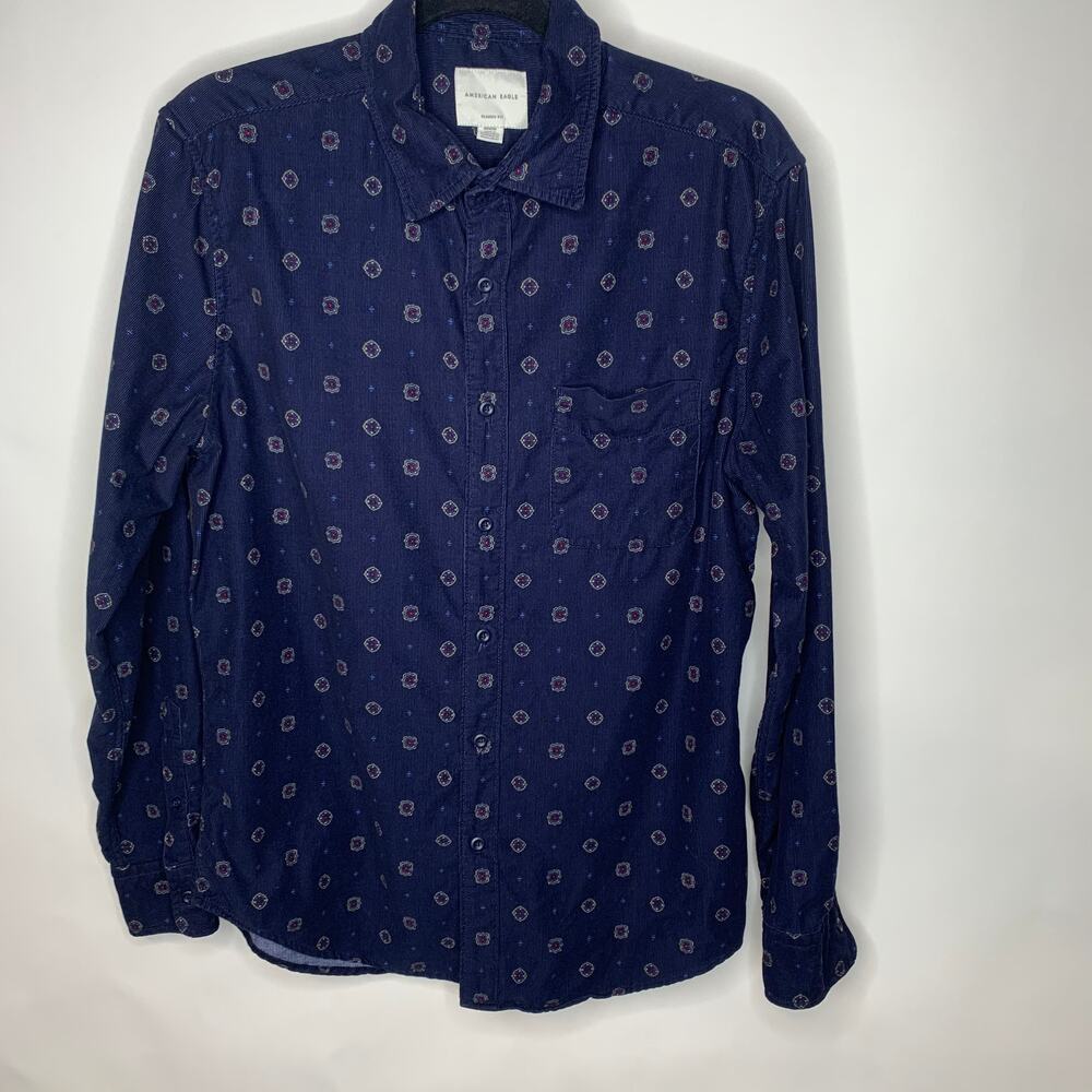 American Eagle Blue Corduroy Shirt Medallions Sz Medium